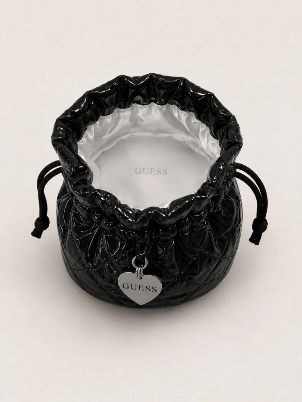 GUESS Black Quilted Patent Drawstring Storage Pouch w/ Heart Charm New